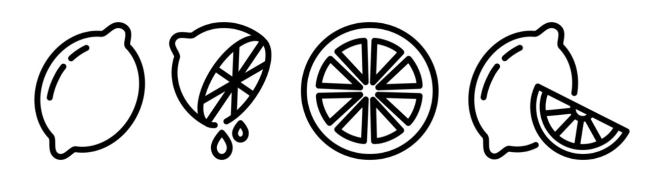Lemon, squeezed lemon and lemon slice icon set. Front view lemon with juice splash in outline style. Black and white vector food and drink symbols isolated.