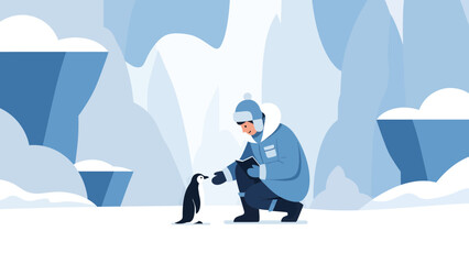 Fototapeta premium Antarctic Encounter Man and Penguin Interaction in Icy Landscape
