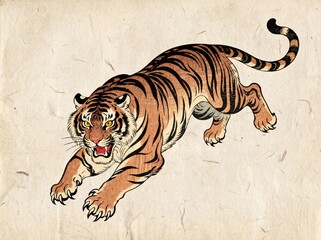 Dynamic pouncing tiger oriental illustration