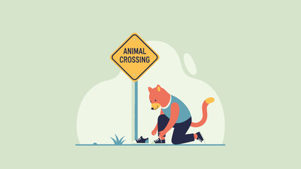 Anthropomorphic Fox Preparing To Run Near Animal Crossing Road Sign Illustration