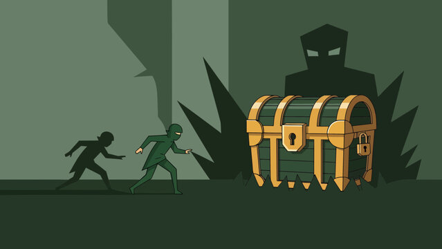 Animated Thieves Racing To A Treasure Chest In Forest With Shadowy Guardian