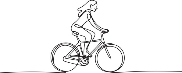 Fototapeta premium One continuous line drawing of a girl riding bicycle. A cute woman enjoy riding her cycle in the morning to exercise. one line Art icon drawing