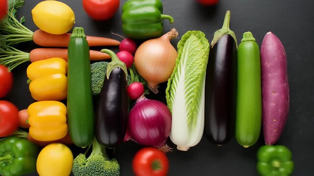 Stop motion animation of fresh colorful vegetables appearing on a dark slate background in a flat lay arrangement, illustrating healthy vegan cooking concepts