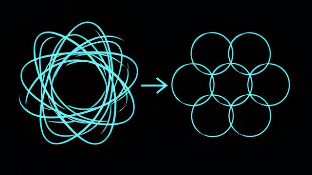 Glowing cyan lines transforming from chaotic scribble into organized geometric structure in animation, illustrating problem solving and clarity