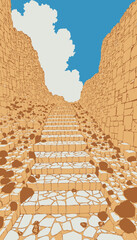 Ancient Stone Staircase Leading Up Between Rugged Sandstone Walls Under Clear Blue Sky with Fluffy Clouds