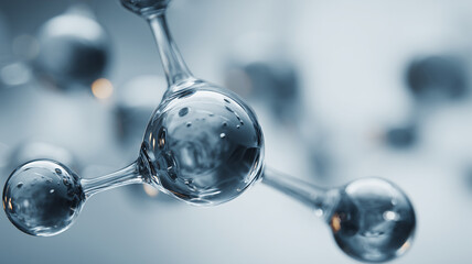 Glass molecular structure with transparent connected spheres representing chemistry research, scientific innovation and molecular technology concept.
