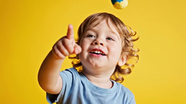 Playful Toddler Reaching For Ball In Bright Yellow Studio.