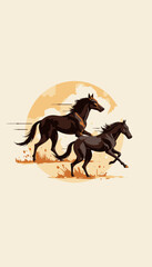 Dynamic Illustration of Two Wild Horses Running Freely Across a Sunlit Open Field Capturing the Essence of Speed and Freedom in Nature's Splendid Backdrop
