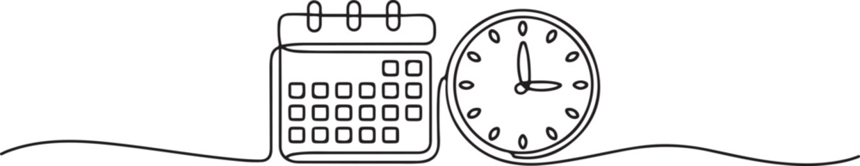 Naklejka premium Continuous one single line drawing of calendar and clock icon. one line Art icon drawing