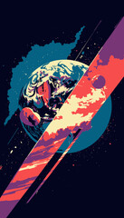 Vivid Cosmic Illustration of Earth with Dynamic Colorful Stripes and Surrounding Planets in a Surreal Space Setting with Contrasting Colors Between Halves