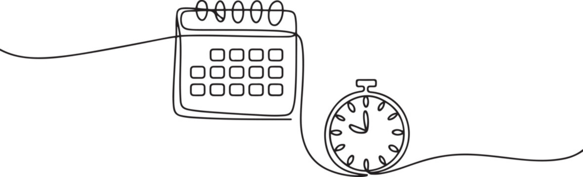 Continuous one single line drawing of calendar and clock icon. one line Art icon drawing