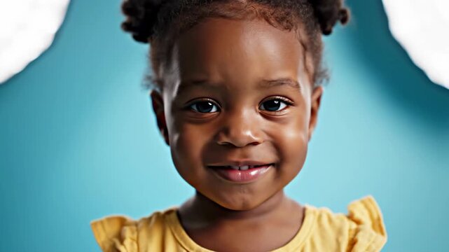 Joyful toddler girl smiling against blue cloud backdrop.