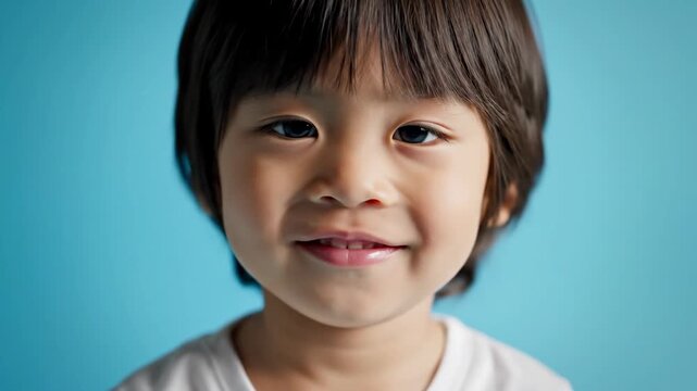 Child Portrait With Blue Background In Studio Frame.