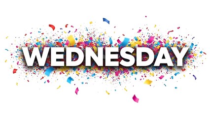 Title: A vibrant and colorful of the word Wednesday surrounded by multicolored confetti pieces in shades of red pink yellow and blue