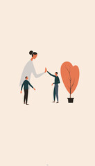 Minimalist Illustration of Three Figures Interacting Near a Heart-Shaped Potted Plant Fostering Teamwork and Connection
