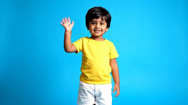 Cheerful Young Boy Waving in Bright Studio.