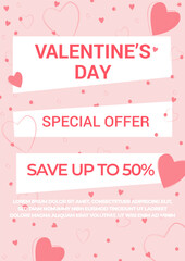 Valentine's Day sale banner template. A4 banner with hearts and geometric shapes. Pattern. Sale template, ad, announcement, post, newsletter, design elements.