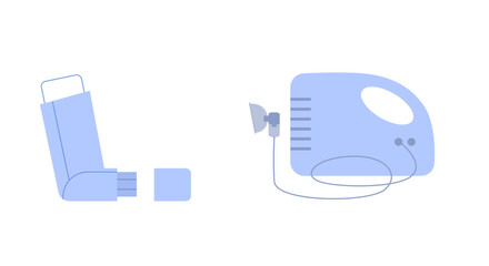 Inhaler and nebulizer set of objects, monochrome blue flat images.