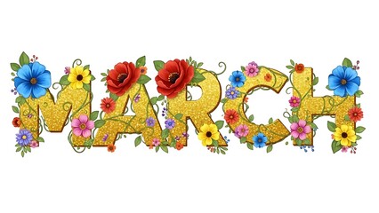 Naklejka premium Title: Colorful floral lettering with vibrant flowers and leaves decorating the word March in a cheerful and festive style