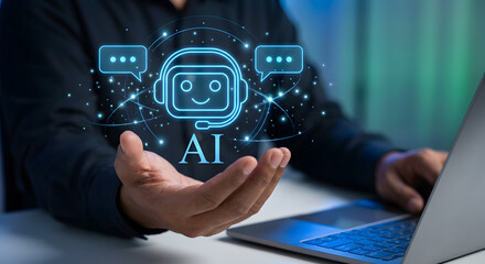 man working at laptop with glowing ai customer service chatbot hologram for technical support call center assistance and artificial intelligence virtual help desk concept