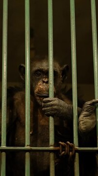 A chimpanzee sits behind metal bars inside a zoo enclosure, holding the cage with its hands. The concept reflects captivity, awareness, and the fragile boundary between wild nature and humans