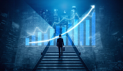 A businessman ascends stairs towards a bright future, symbolizing ambition and growth amidst an...