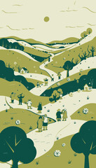 Colorful Landscape with Paper-Cut People Walking Along a Scenic Path in Rolling Hills Under a Clear Sky