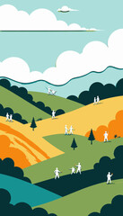 Vibrant Illustration of People Enjoying Serene Hillside Paths with Colorful Rolling Hills and Expansive Cloud-Filled Sky