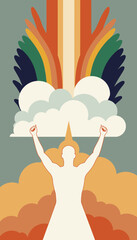 Vibrant Abstract Art of Triumph and Positivity with Rainbow Colors and Cloud Elements Displaying a Sense of Achievement and Empowerment