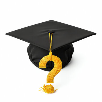 A graduation cap with a golden question mark, symbolizing the future white background