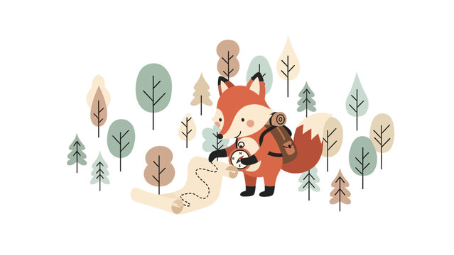 Adventurous Fox Cub Exploring Woodland With Map And Compass On a Hiking Trip