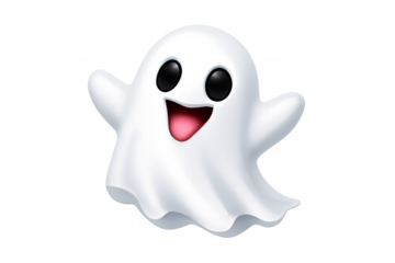 Cute white ghost character smiling and floating, celebrating halloween with a happy, spooky face on transparent background