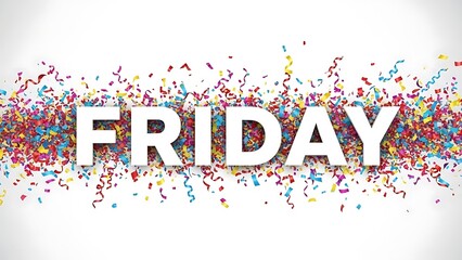 Title: The word friday in bold white letters surrounded by an explosion of colorful confetti pieces in red blue yellow pink and purple against a