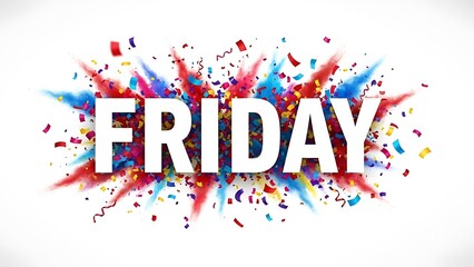 Title: The word friday in bold white letters surrounded by an explosion of colorful confetti pieces in red blue yellow pink and purple against a
