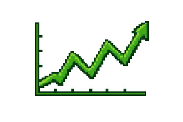 Pixel art green line graph showing financial growth and market success with an upward trend arrow