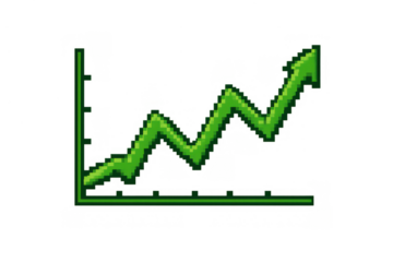 Pixel art green line graph showing financial growth and market success with an upward trend arrow