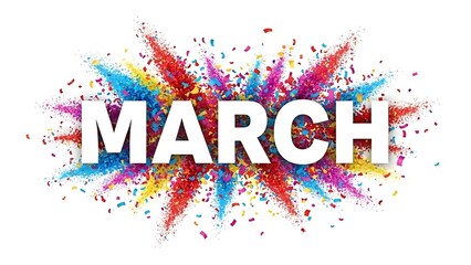Title: The word March written in white letters surrounded by a colorful explosion of red blue yellow and pink confetti pieces creating a dynamic and
