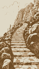 Beautiful Stone Pathway Leading Up a Rocky Hillside Surrounded by White Boulders and Bright Clouds Against a Clear Blue Sky