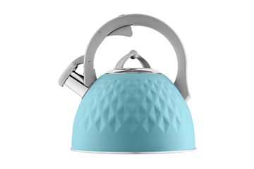 kettle with whistle, matte Blue color, with rhombus texture on isolated and white background close-up
