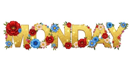 Title: The word Monday illustrated in golden glittery letters adorned with colorful flowers including red blue and yellow blooms with green leaves