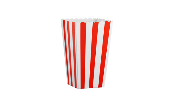 Empty popcorn box mockup with red stripes on white background. Blank paper container for cinema snacks, perfect for product packaging design and branding presentations.