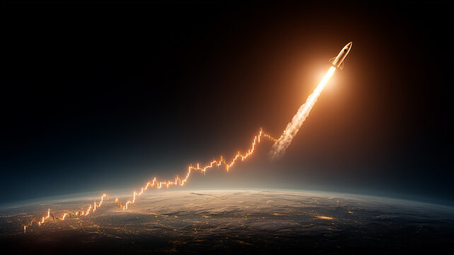 A rocket launching upward from Earth aligned with a rising financial chart symbolizing rapid business growth and investment momentum.
