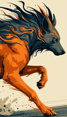 Dynamic Illustration of a Stylized Canine with Fiery Orange and Blue Design Elements Conveying Motion and Energy in Artistic Expression