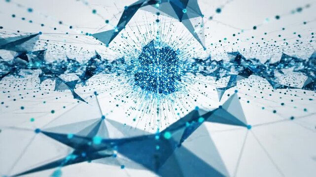 Abstract blue geometric network of interconnected shapes.