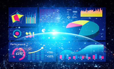 Futuristic Data Visualization with Charts and Graphs Representing Performance Metrics and Activity Analysis in a Digital Environment Impute.