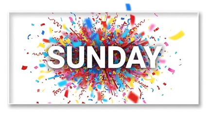 Title: The word sunday in bold white letters surrounded by an explosion of colorful confetti pieces in red blue yellow pink and purple against a