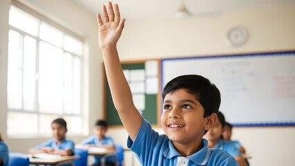 Elementary school boy raising hand to answer question in bright classroom with peers and whiteboard