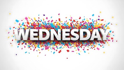 Wednesday written in bold letters with a burst of multicolored confetti pieces in red blue yellow and pink on a white background
