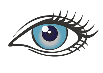 Print Blue Eye Icon Vector Illustration with Eyelashes, Vision and Look Symbol, Isolated on White Background