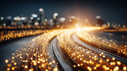 Bright light trails flowing through an urban highway toward a city skyline, representing digital connectivity, speed and smart infrastructure.
